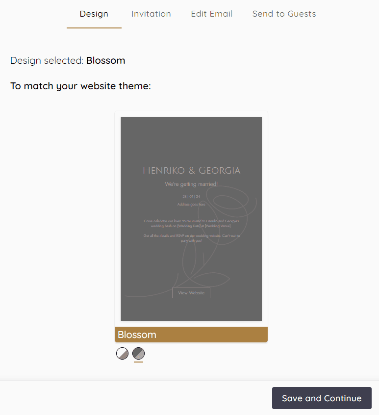 Ecard matching design for wedding website