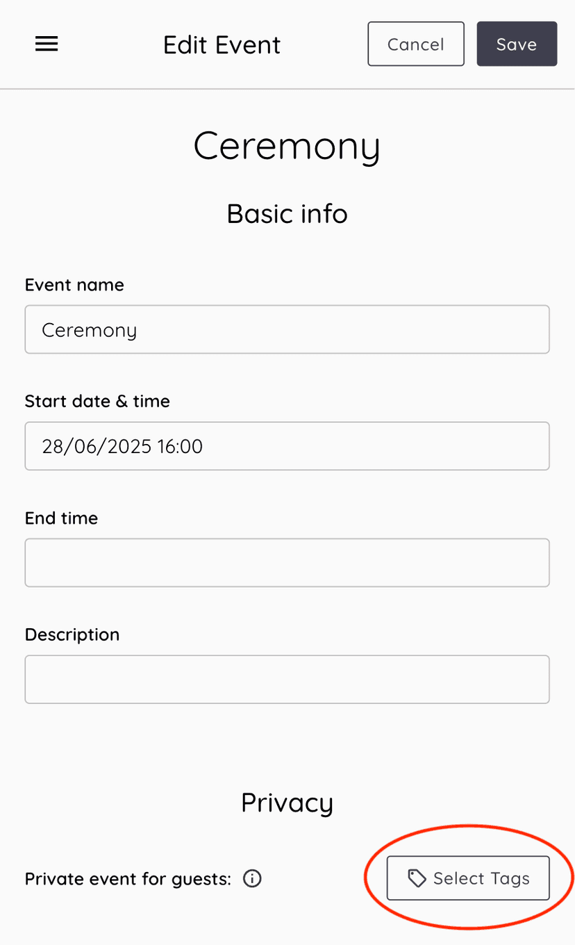 Private event tag select