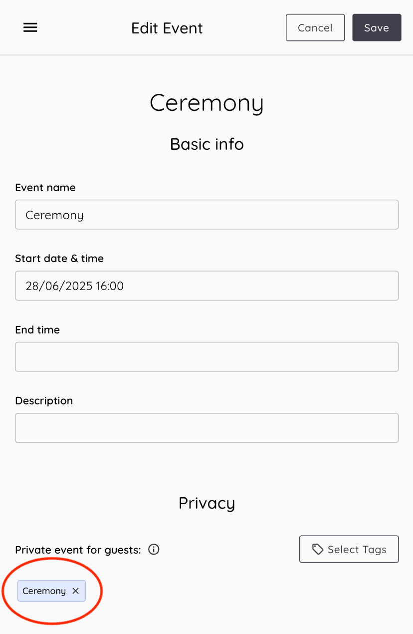Private event selected tag