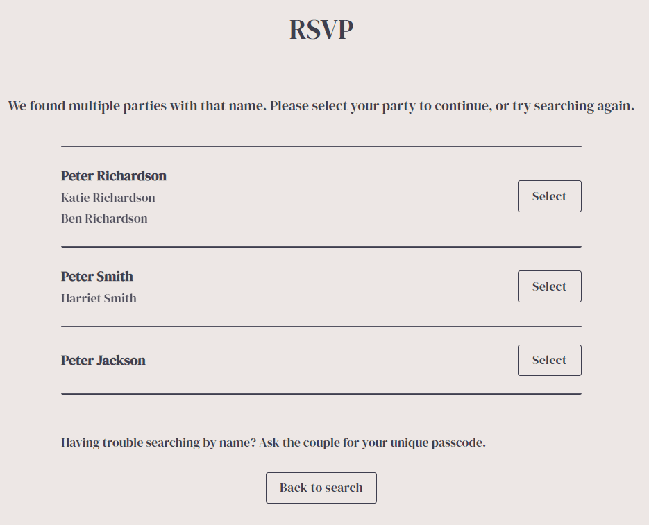 Rsvp name search results