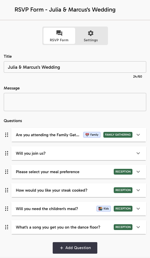 RSVP form editor showing a title and a list of questions