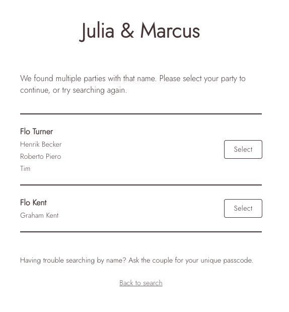 RSVP name search results showing matching guest parties
