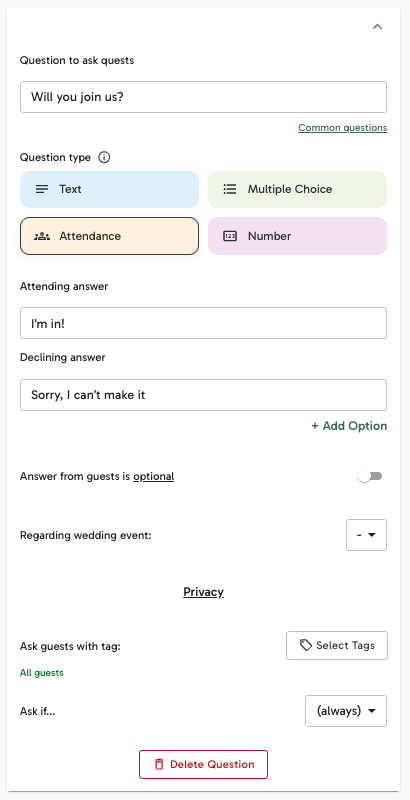 RSVP question settings showing question types and guest options
